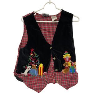 Studio Collection Vest M Vintage Velvet Tartan Plaid Embroidered Christmas Bear